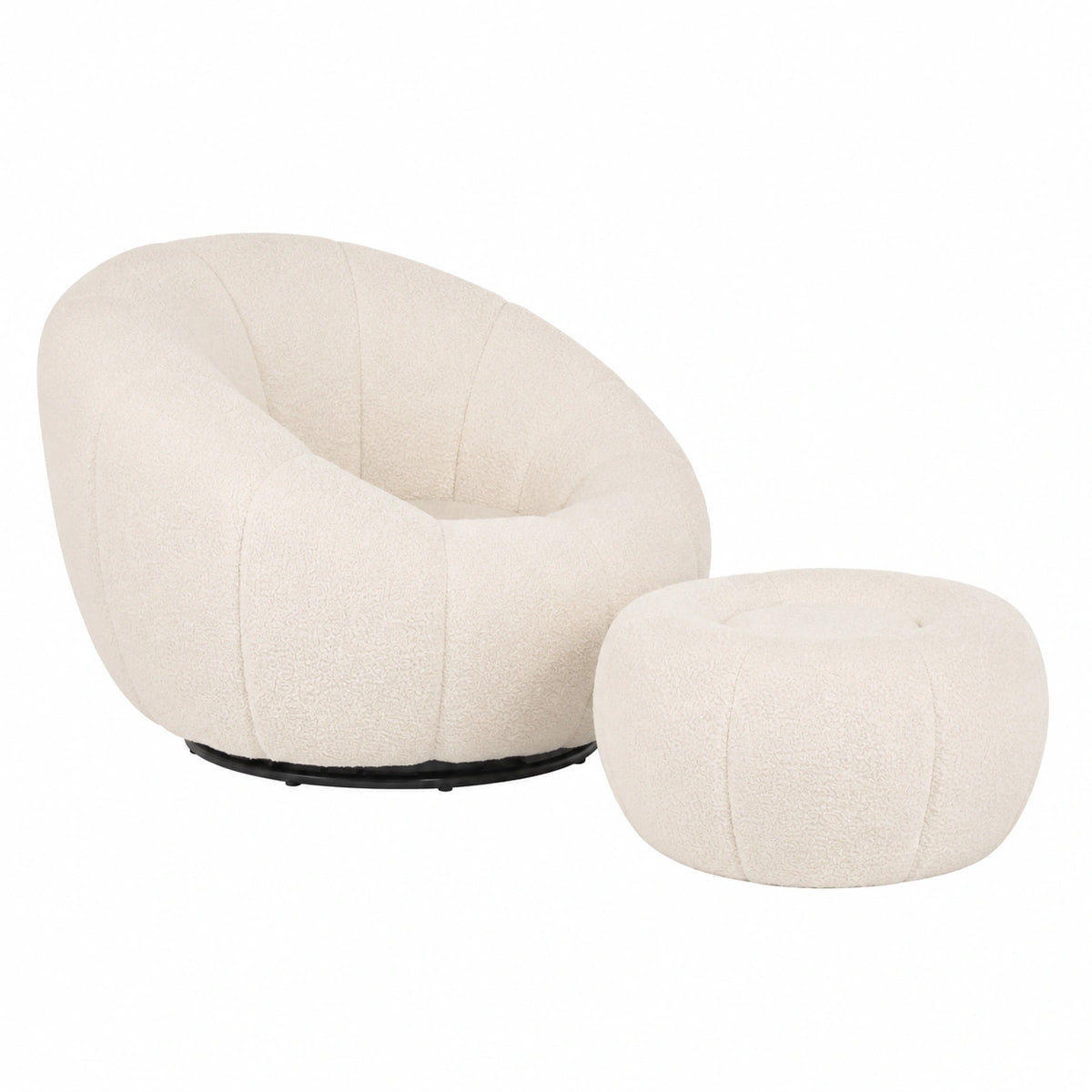 Elegante Set Poltrona Girevole in Bouclé Bianca con Pouf Poggiapiedi Kuma