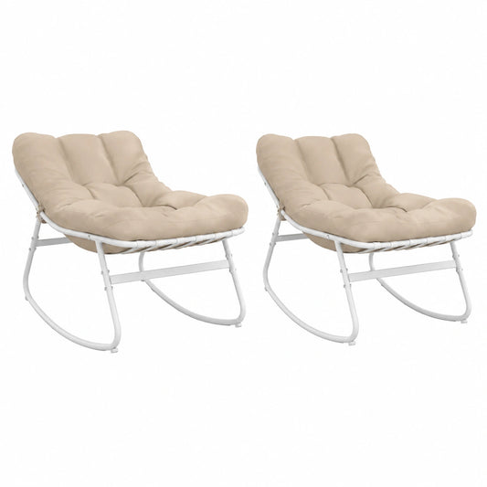 IDMarket - Coppia di sedie a dondolo da giardino Arona, bianche con cuscini crema