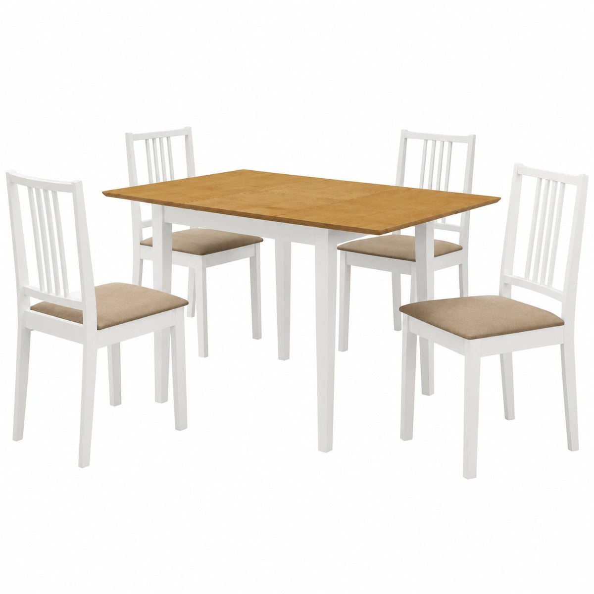 Tavolo da pranzo allungabile bianco con 4 sedie imbottite in legno di gomma, set da pranzo salvaspazio per cucina e sala